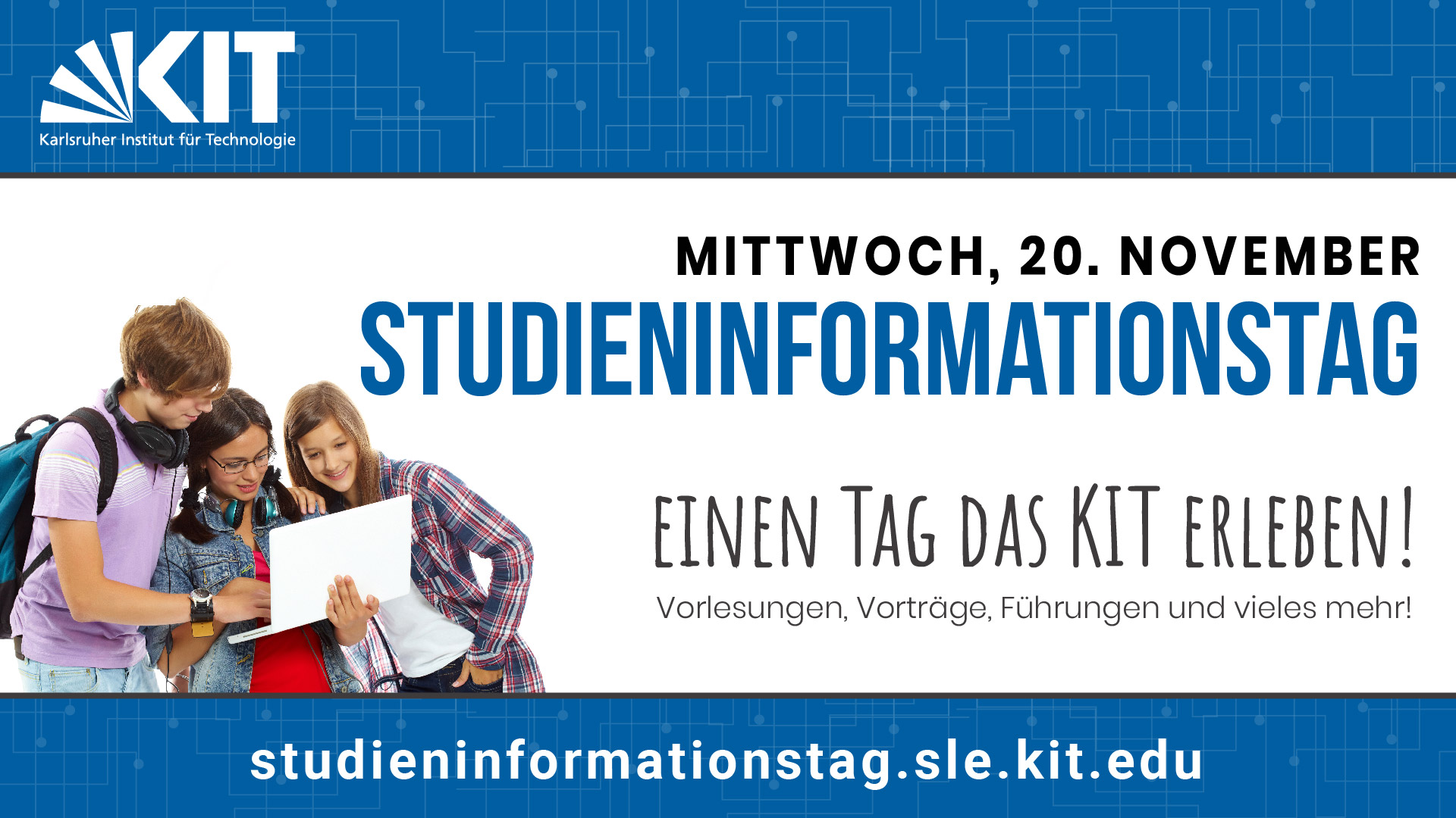 Werbeposter Studieninfotag des KIT in blau-weiß mit drei jungen Leuten