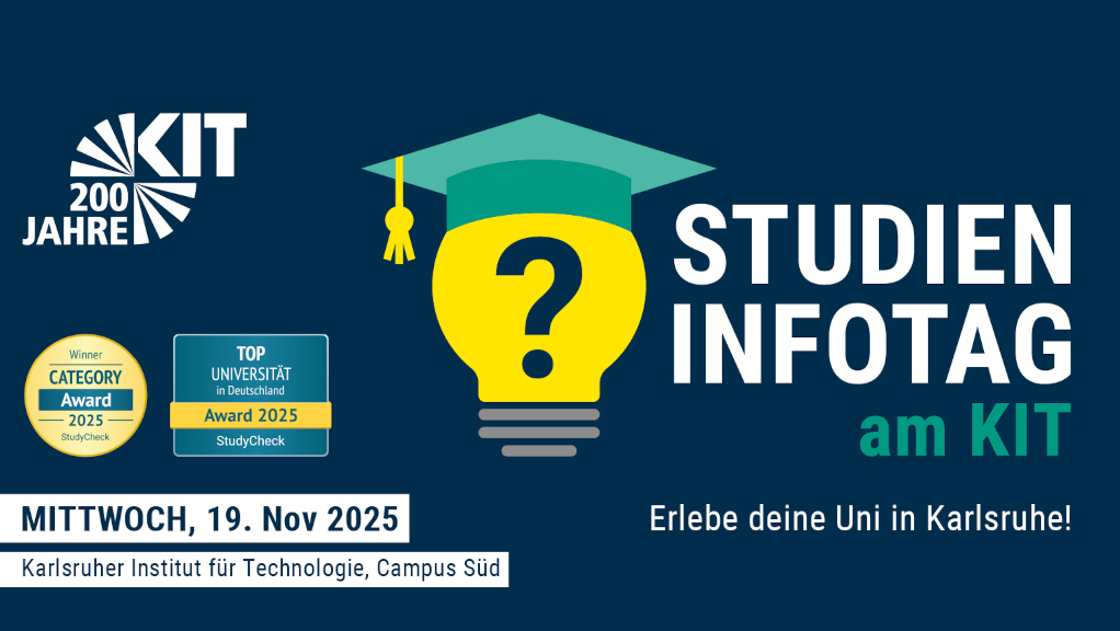 Werbeplakat in Schwarz, Grün, Gelb für Studieninfotag 2025 am KIT