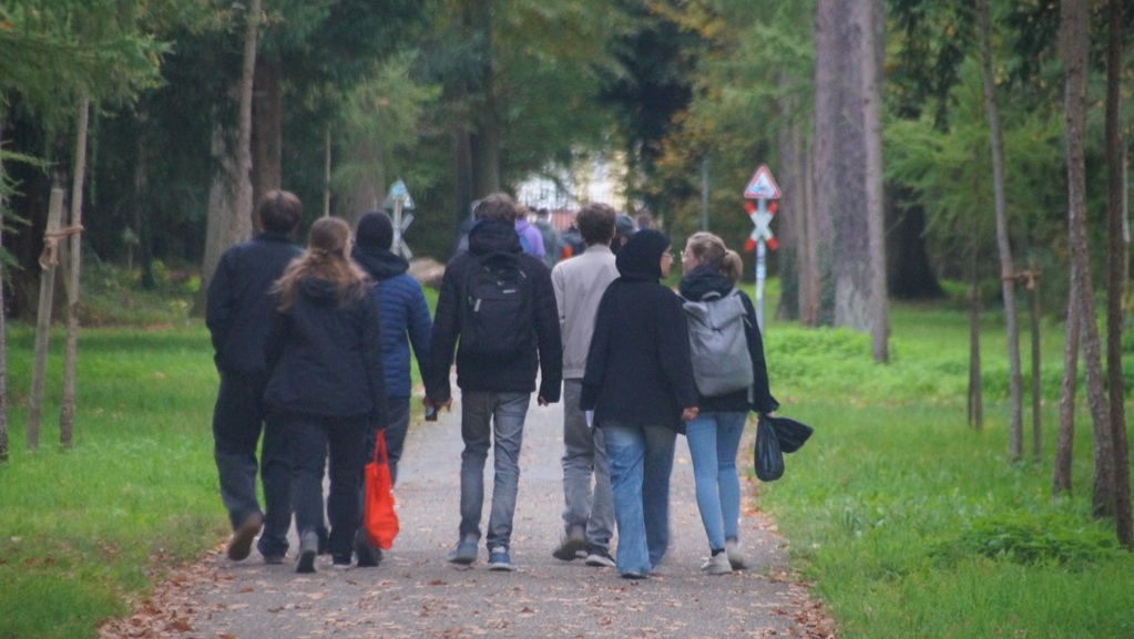 Gruppe von Studienanfängern von hinten im Schlosspark